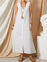 Women Solid Color Button V-neck Splited Sleeveless Plain Casual Maxi Shirt Dress